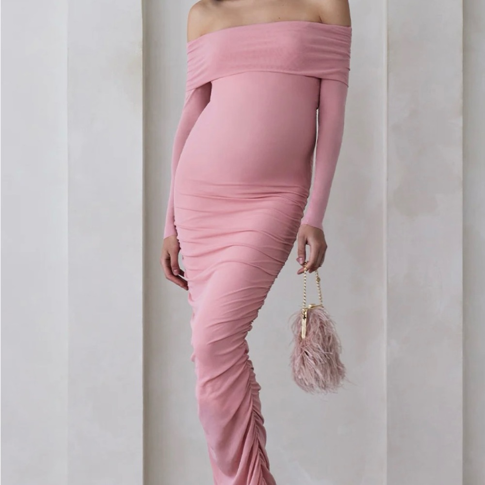 Pink Ruched Off-Shoulder Bodycon Maternity Dress